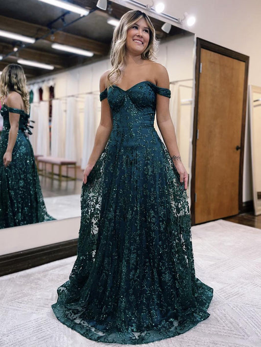  Glitter Mermaid Off The Shoulder Dark Green Long Prom Dress - Prom Dress - DYAVOR® 