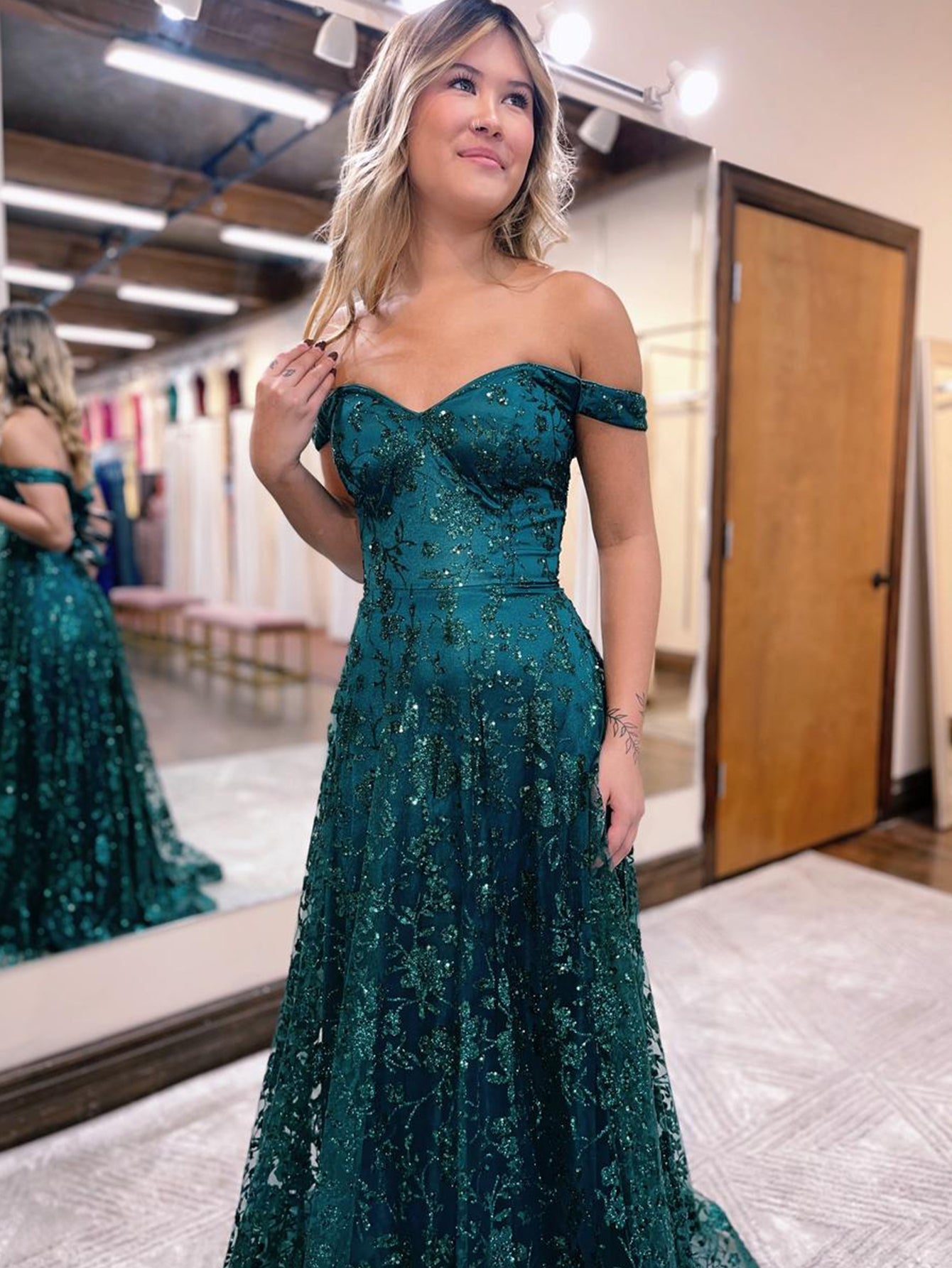  Glitter Mermaid Off The Shoulder Dark Green Long Prom Dress - Prom Dress - DYAVOR® 