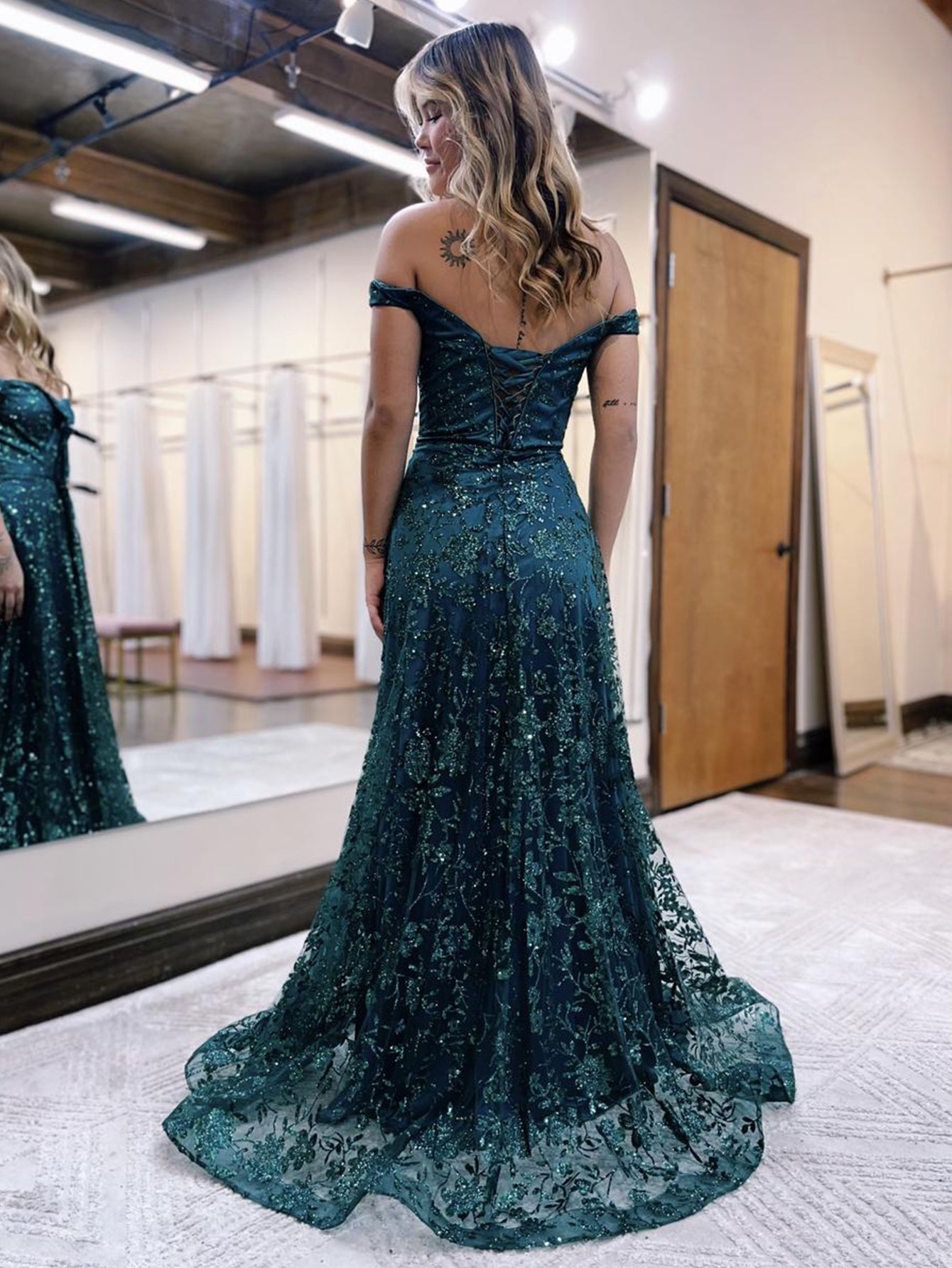  Glitter Mermaid Off The Shoulder Dark Green Long Prom Dress - Prom Dress - DYAVOR® 