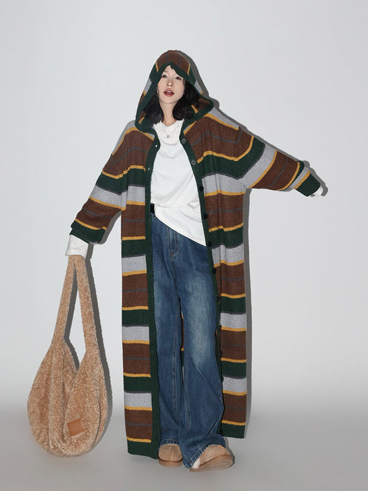 Striped Hooded Knit Sweater Coat for Women: Cozy and Casual Long-Length Knit Sweater Dress with a Touch of Korean Style in Fall-Winter