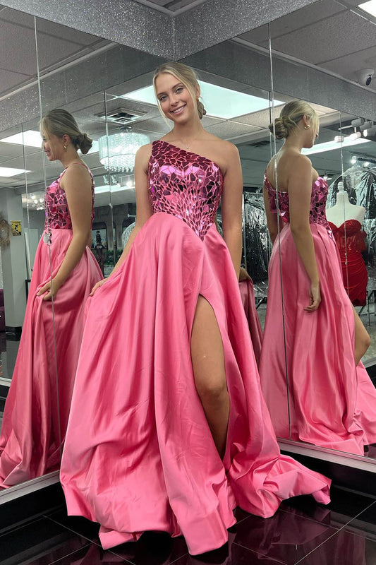  Amiyah |A line One Shoulder Sequined Prom Dress with Slit - Prom Dress - DYAVOR® 