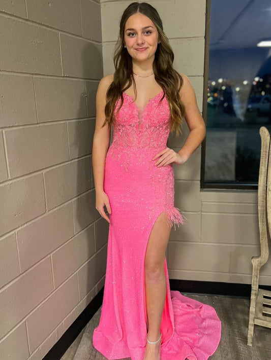  Arlette | Pink Mermaid V Neck Backless Tight Long Prom Dress With Slit - Prom Dress - DYAVOR® 