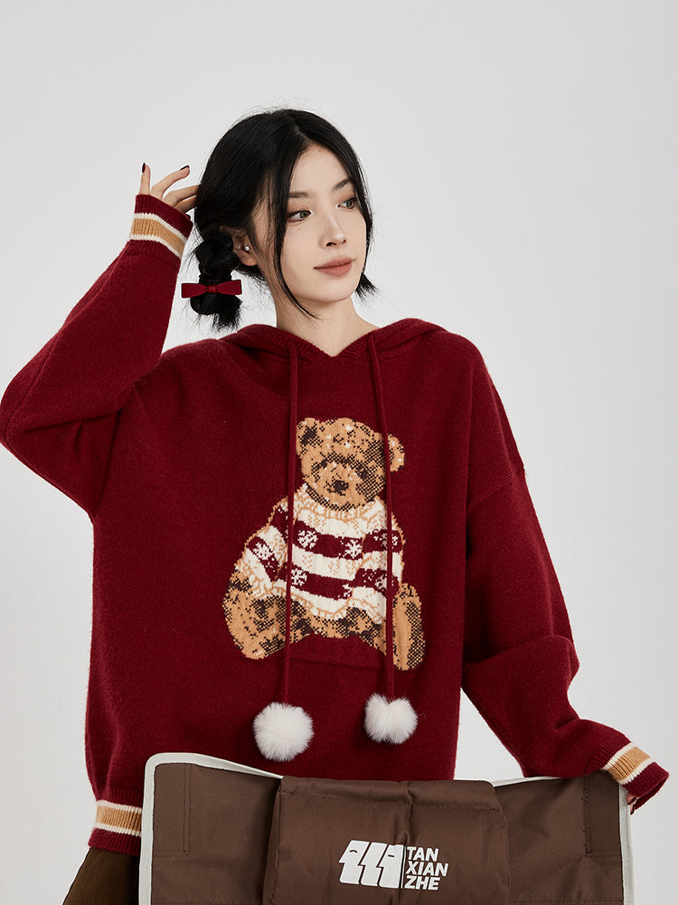 Hooded Sweater for Women Loose Cozy Casual Style with Cute Teddy Bear Design Gift for Her Christmas Gift