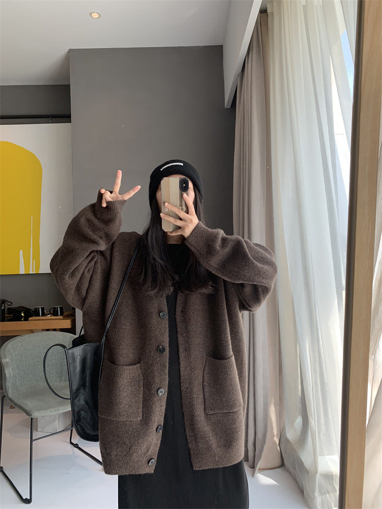  Autumn-Winter Women's V-Neck Oversized Knit Cardigan: Stylish Sweater Jacket with Long Sleeves for 2023 -  - DYAVOR® 