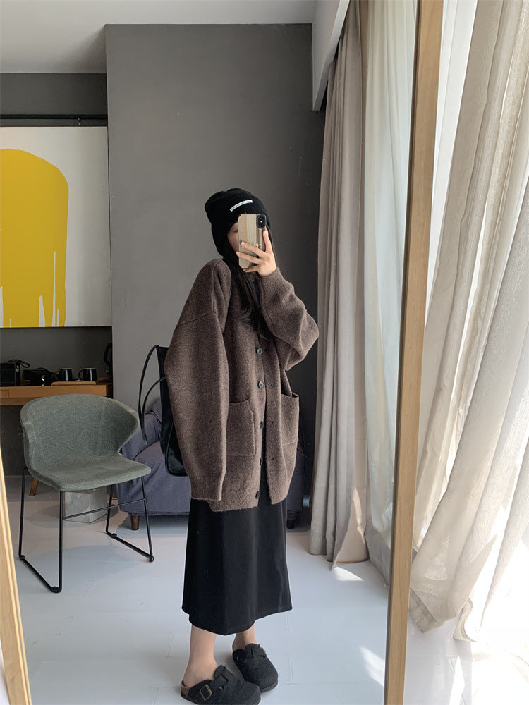  Autumn-Winter Women's V-Neck Oversized Knit Cardigan: Stylish Sweater Jacket with Long Sleeves for 2023 -  - DYAVOR® 