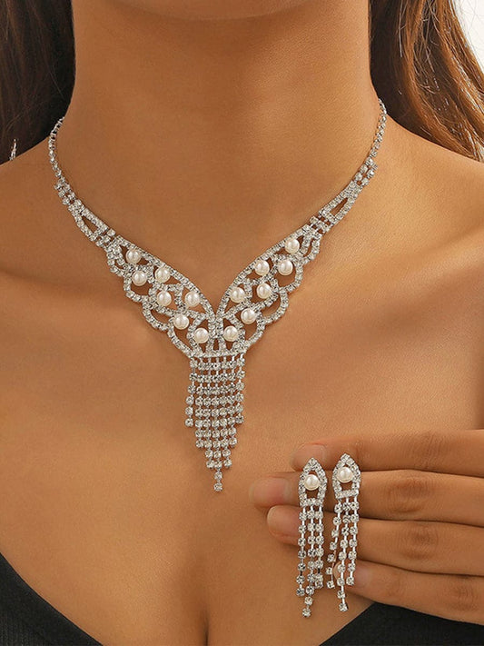  Pearl Tassel Rhinestones Earrings Necklace Set MSE00129 - Jewelry Set - DYAVOR® 