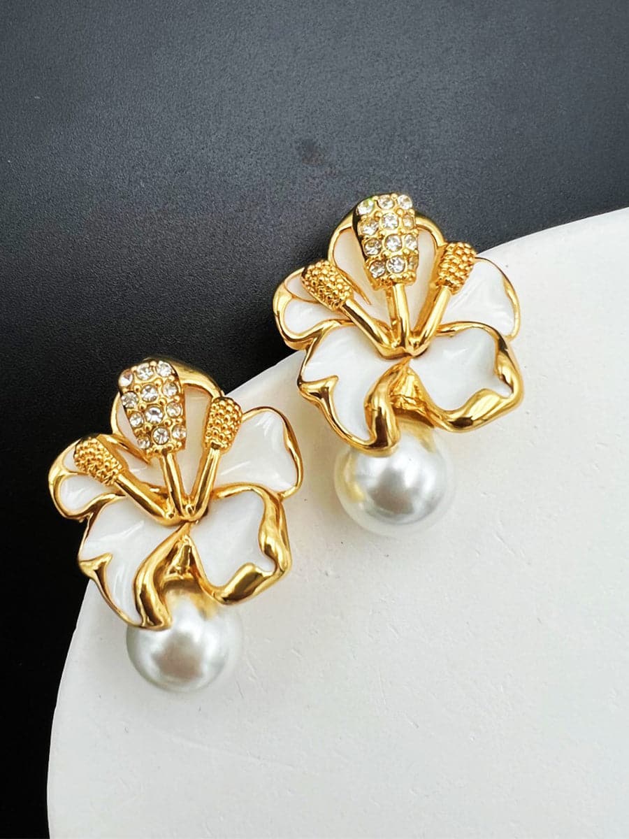  Pearl Stereoscopic Camellia Earrings MSE00146 - Earrings - DYAVOR® 