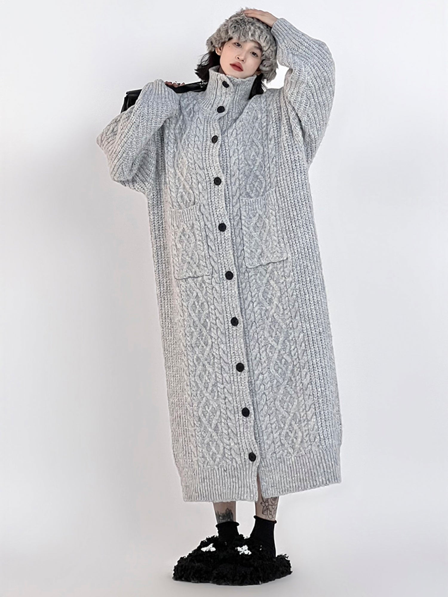  Oversized Gray Lazy-Style Long Knit Cardigan Coat for Women: Casual and Cozy Winter Wear -  - DYAVOR® 