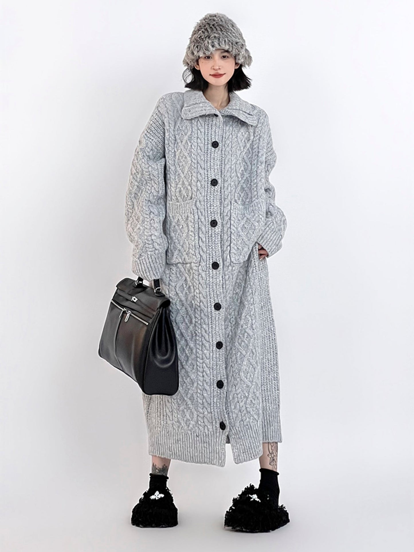  Oversized Gray Lazy-Style Long Knit Cardigan Coat for Women: Casual and Cozy Winter Wear -  - DYAVOR® 