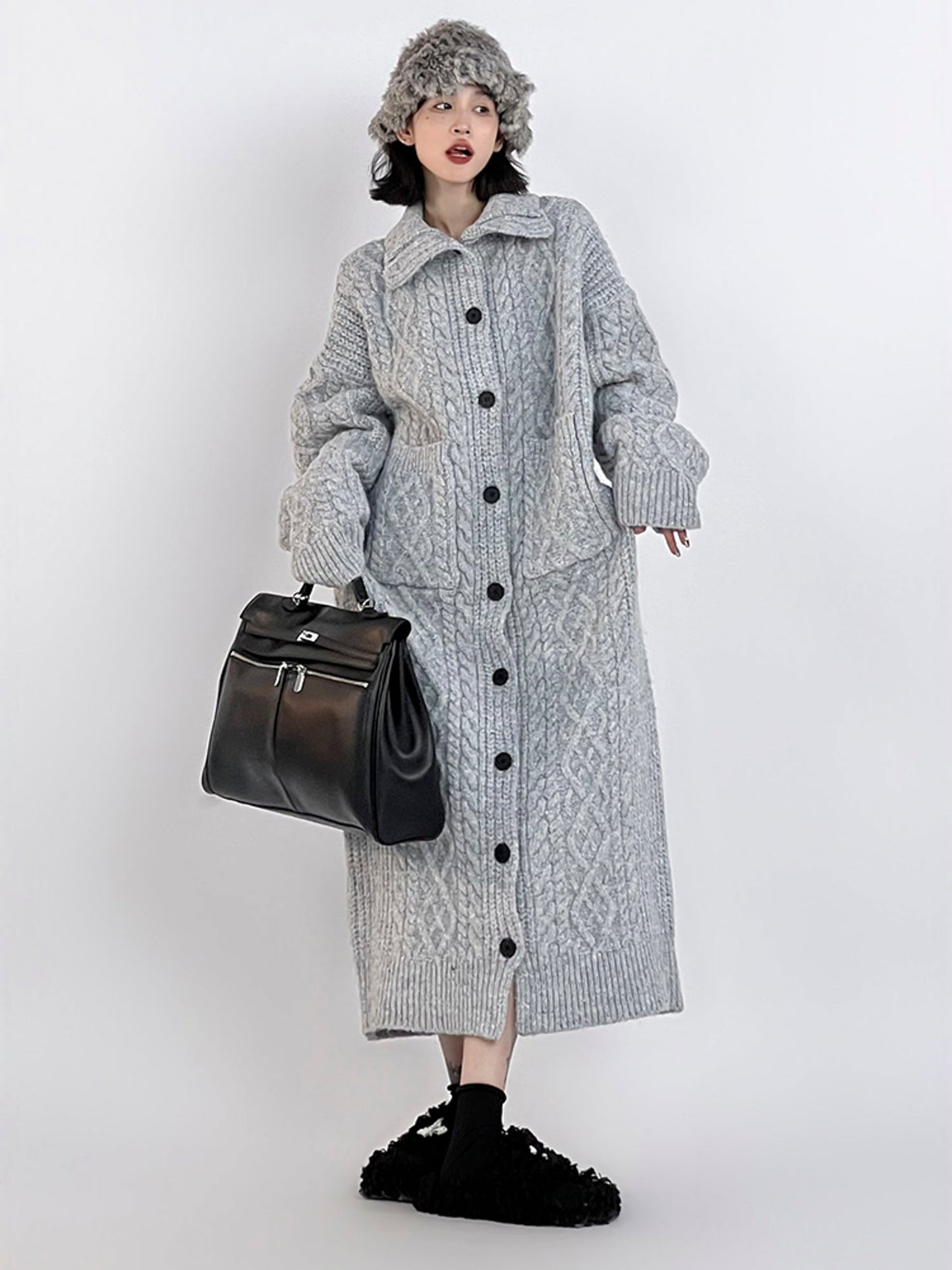  Oversized Gray Lazy-Style Long Knit Cardigan Coat for Women: Casual and Cozy Winter Wear -  - DYAVOR® 