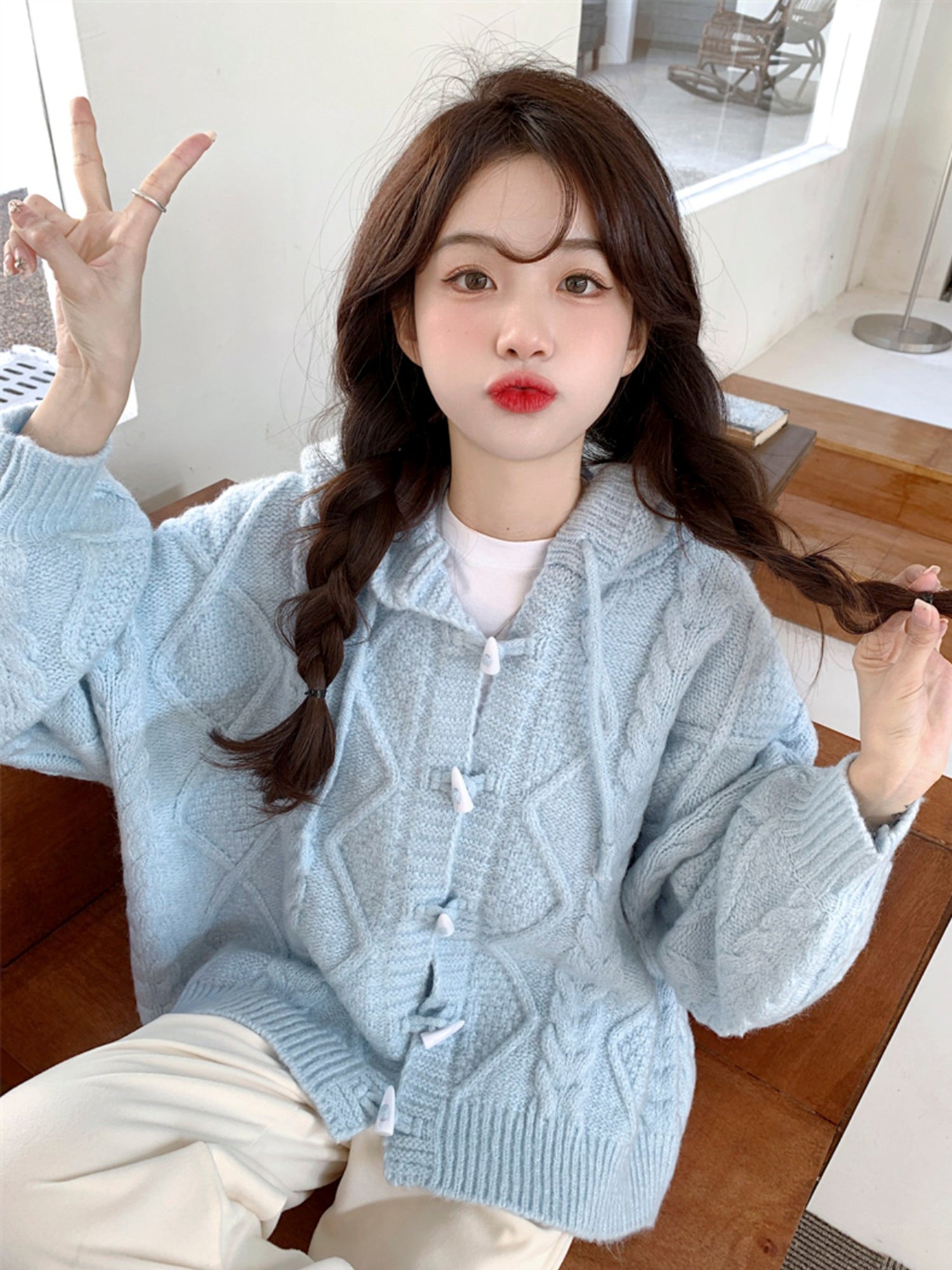  Powder Blue Horn Button Sweater: Embrace Cozy and Casual Style for 2023 Spring and Autumn -  - DYAVOR® 