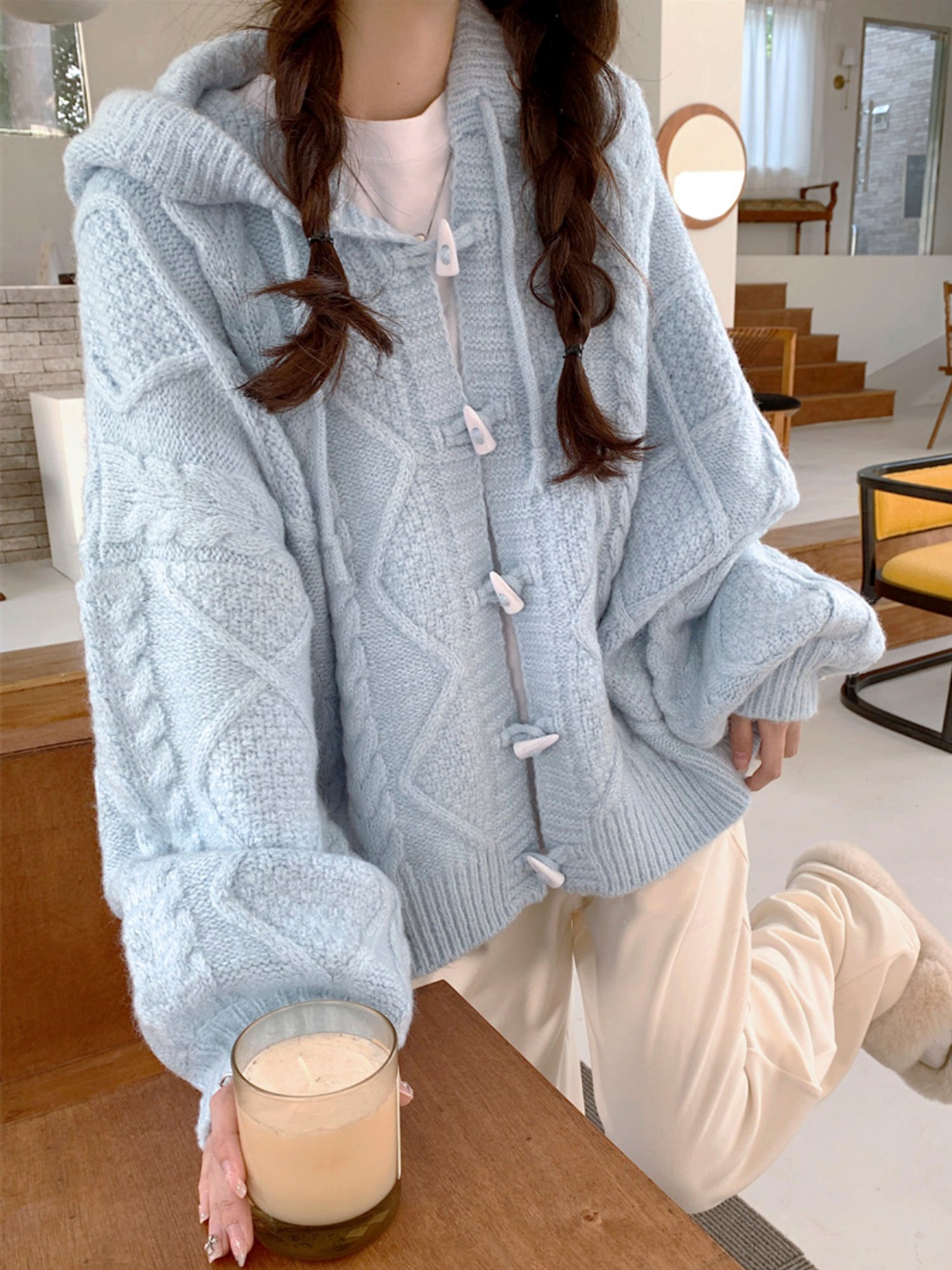  Powder Blue Horn Button Sweater: Embrace Cozy and Casual Style for 2023 Spring and Autumn -  - DYAVOR® 