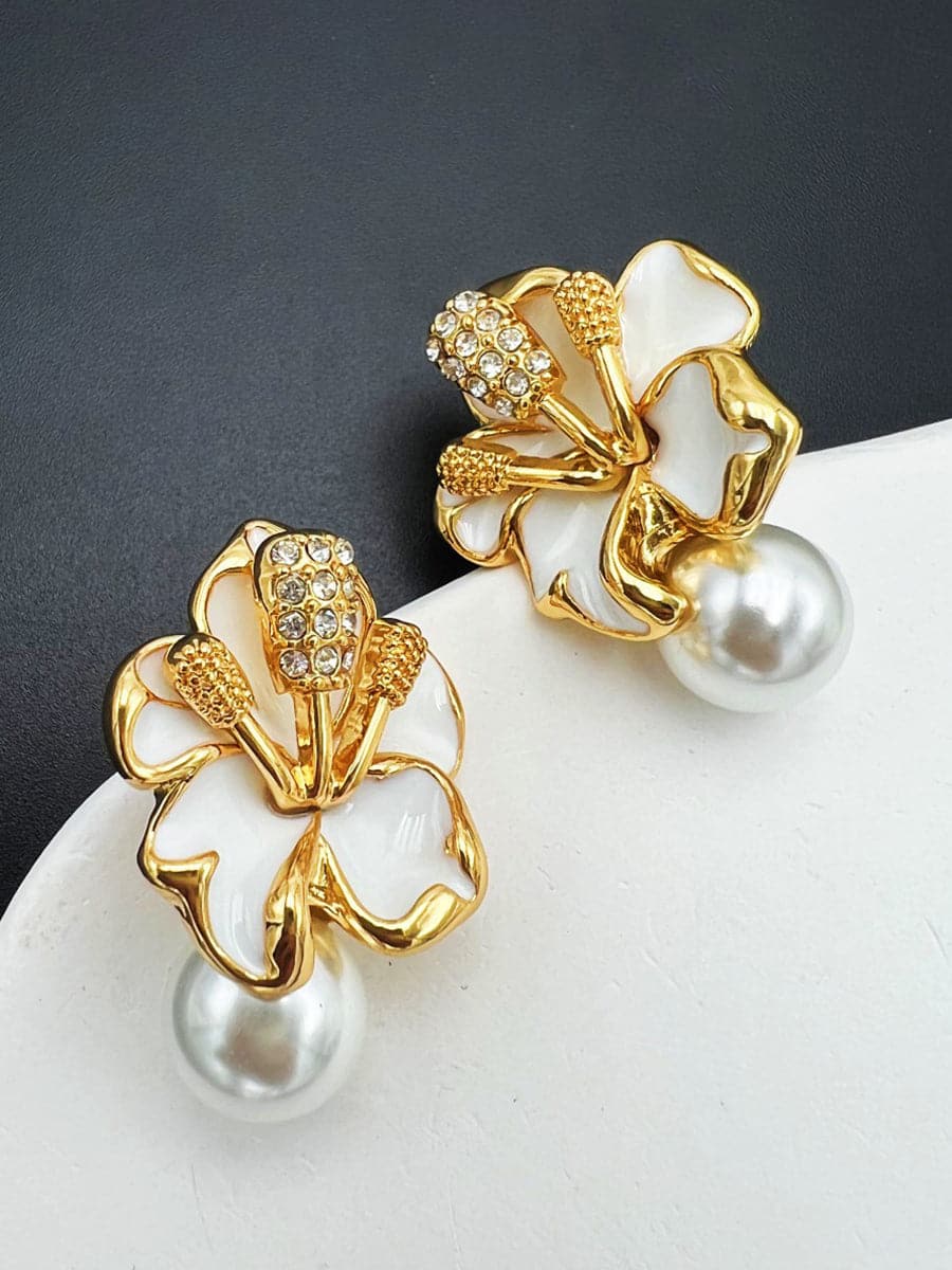  Pearl Stereoscopic Camellia Earrings MSE00146 - Earrings - DYAVOR® 