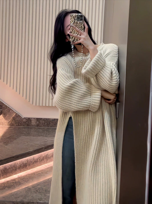 Loose Knit Sweater Dress for Women Relaxed Style - Autumn Winter New Arrival with Side Slit Design