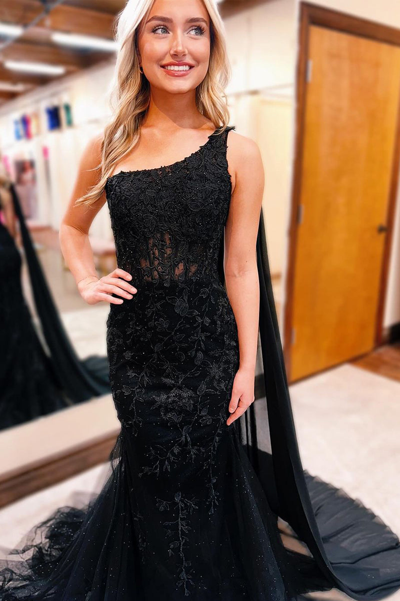  Black One Shoulder Appliques Mermaid Long Prom Dresses - Prom Dress - DYAVOR® 