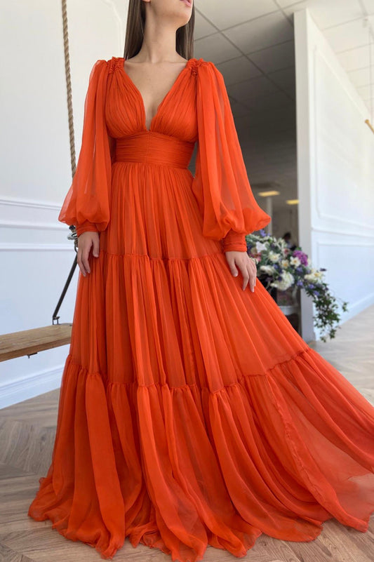  Iyla | Orange Chiffon Floor Length Prom Dress, Long Sleeve Evening Party Dress - Prom Dress - DYAVOR® 