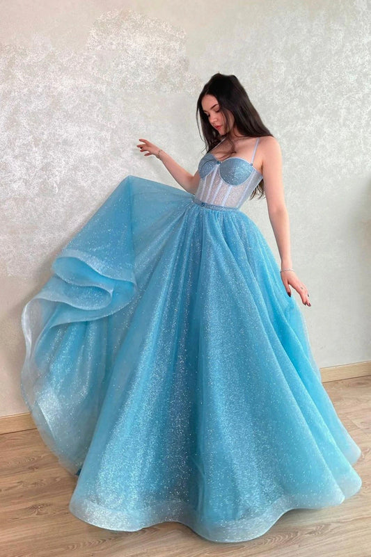  Mavis | Blue Tulle Long A-Line Prom Dress, Blue Lace-Up Evening Dress with Corset - Prom Dress - DYAVOR® 