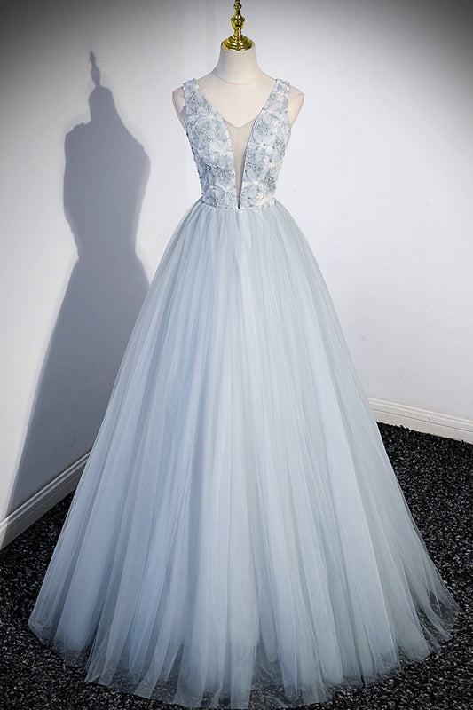  Angelica | Cute V-Neck Tulle Long Prom Dress, Gray Evening Dress Party Dress - Prom Dress - DYAVOR® 