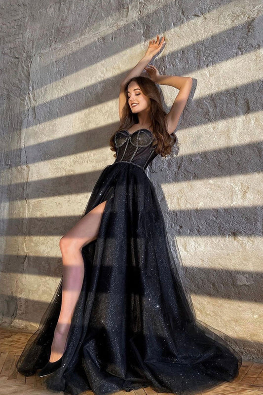  Zendaya | Black Shiny Tulle Floor Length Prom Dress Black Evening Dress with Slit - Prom Dress - DYAVOR® 