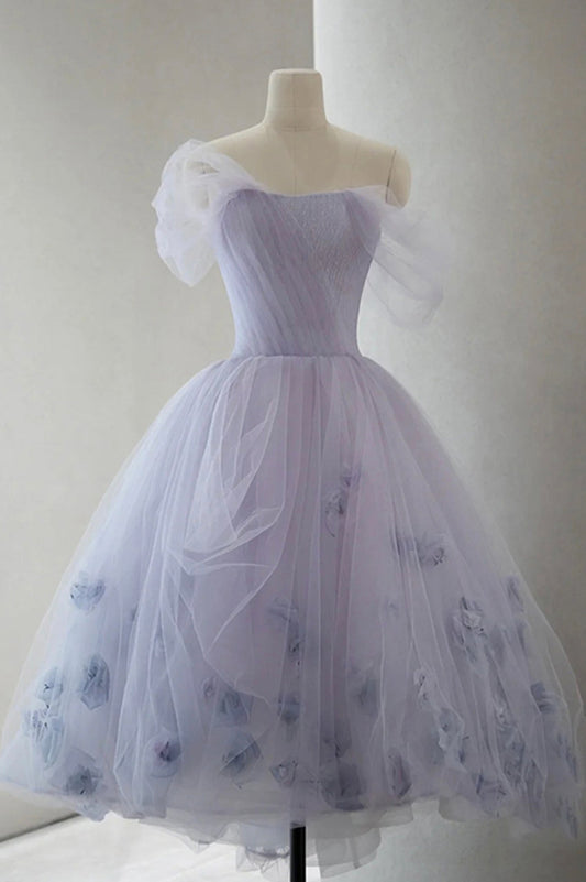  Kenna | Purple Tulle Short A-Line Prom Dress Cute Off the Shoulder Party Dress - Prom Dress - DYAVOR® 