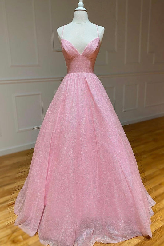  Elodie | Pink Tulle Long Backless Prom Dress A-Line V Neck Party Dress - Prom Dress - DYAVOR® 