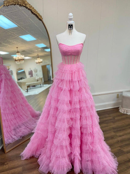  Aubriella |A Line Strapless Corset Glitter Tulle Prom Dress with Ruffles - Prom Dress - DYAVOR® 