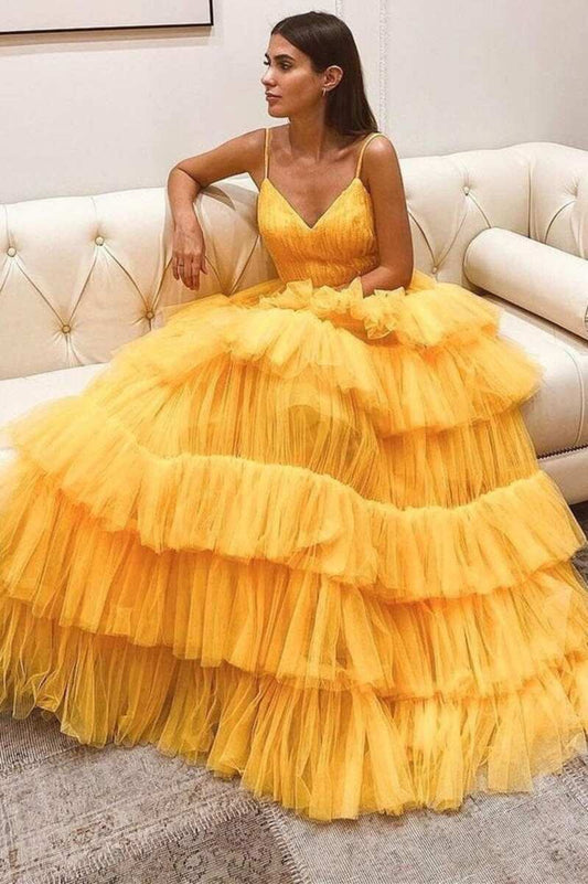  Princess Tiered Yellow Tulle Straps Backless Long Prom Dress - Prom Dress - DYAVOR® 