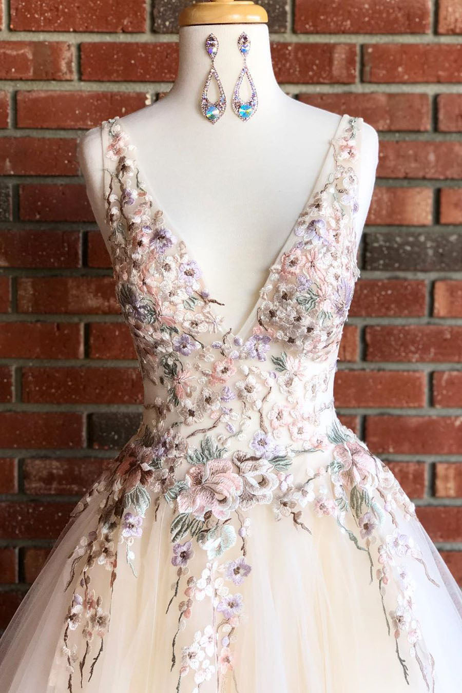  Beatrix | Elegant V Neck Ivory Long Prom Dress with Floral Embroidery - Prom Dress - DYAVOR® 