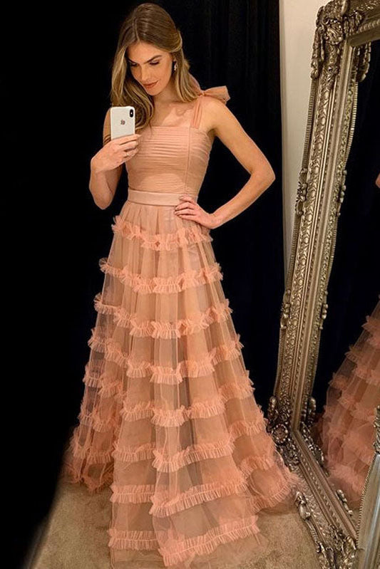  Kamari | Elegant Straps Peach Long Prom Dress with Cascading Ruffles - Prom Dress - DYAVOR® 