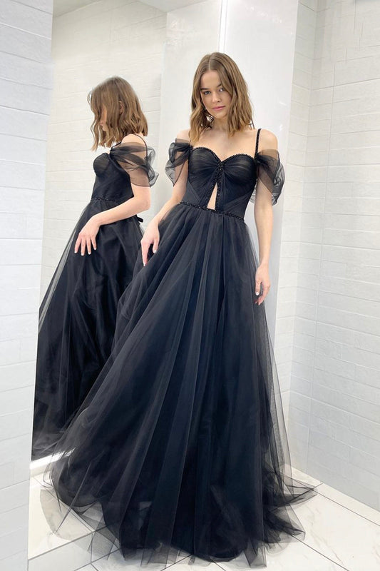  Romina | Black Tulle Sweetheart Floor Length Prom Dress, Black Tulle Off Shoulder Evening Dress - Prom Dress - DYAVOR® 
