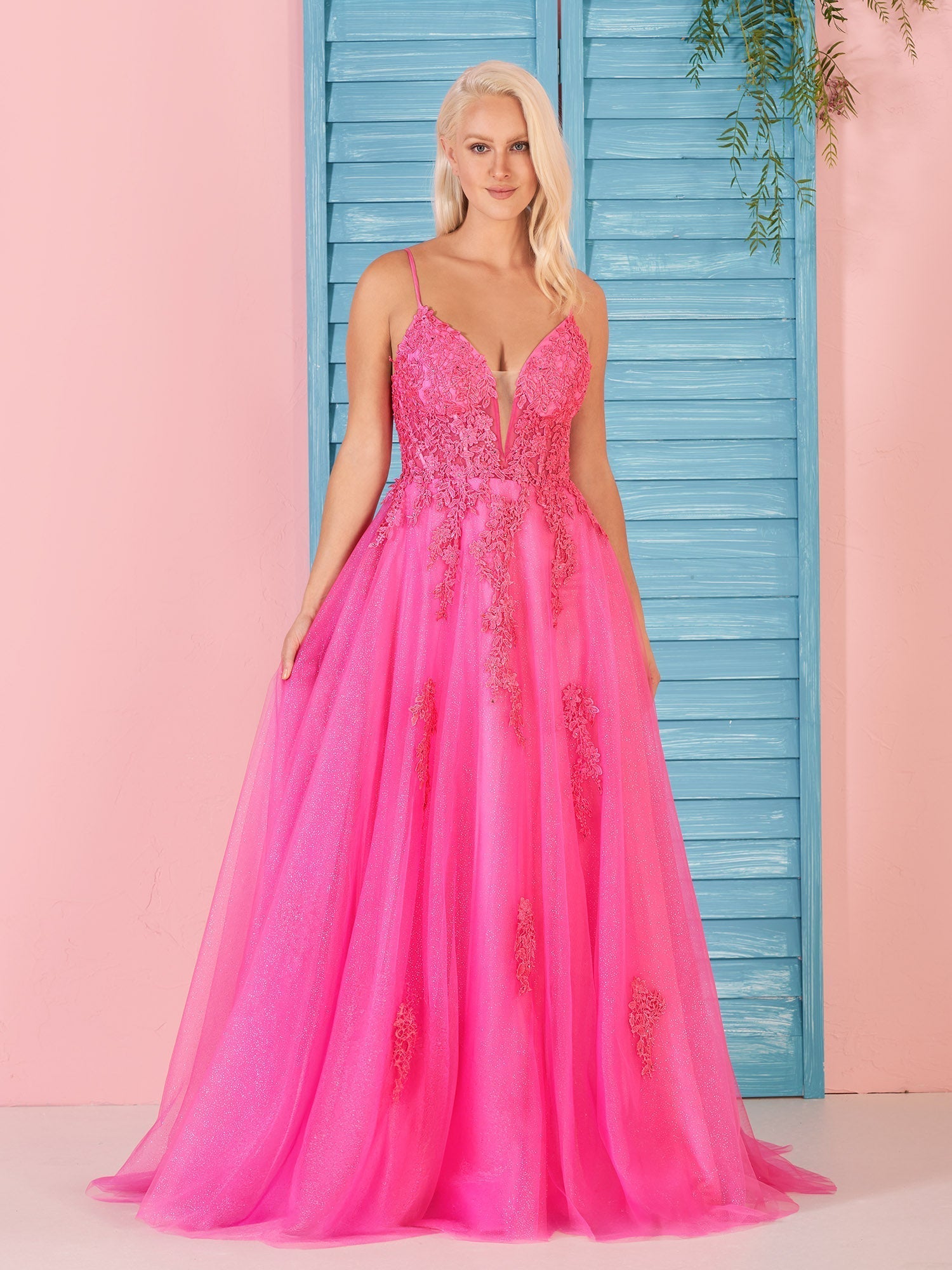  Angelina | A Line V Neck Pink Lace Long Prom Dress - Prom Dress - DYAVOR® 