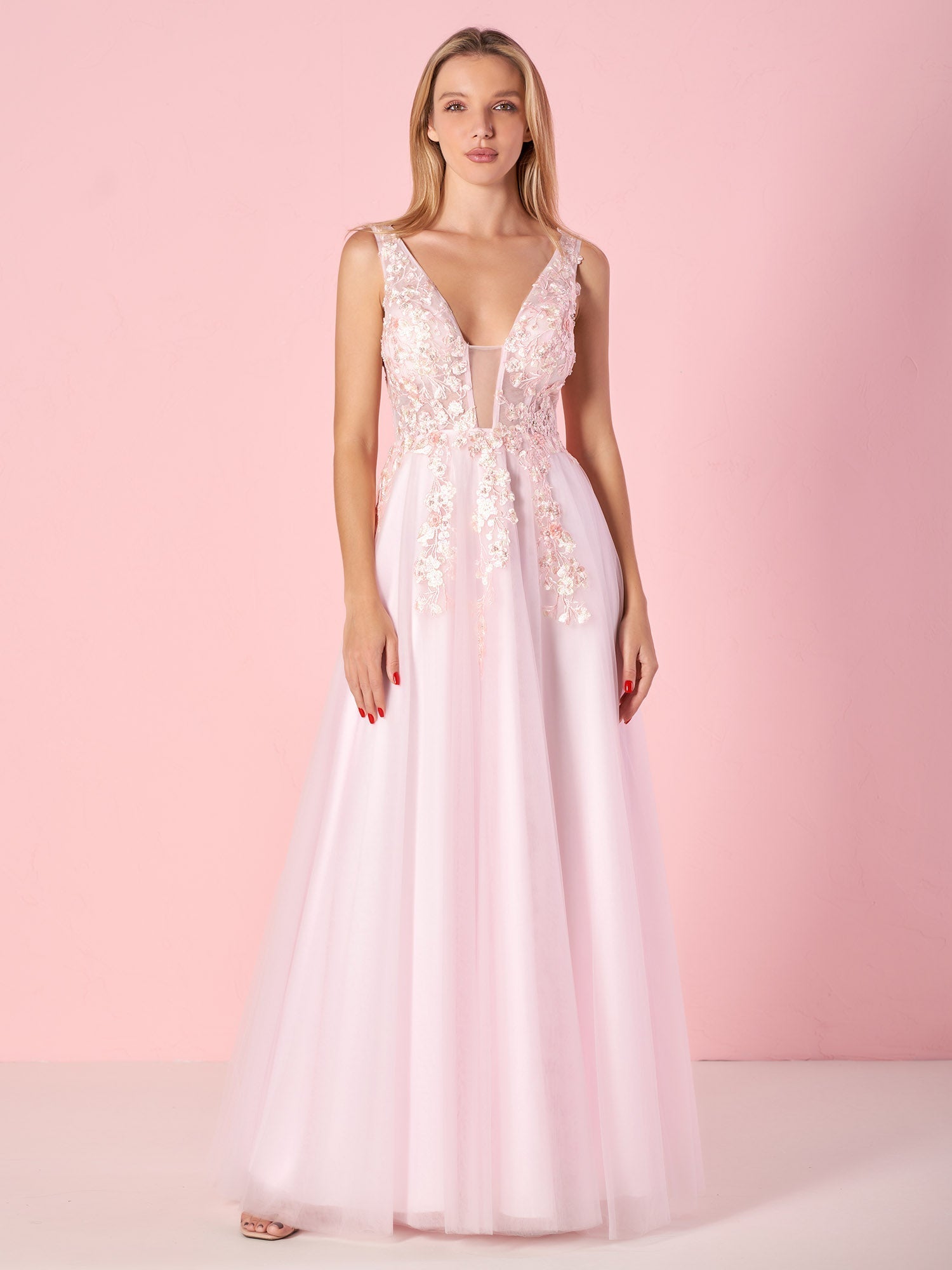  Elegant A-line V-Neck Tulle Floor-Length Prom Dress with Lace Appliques - Prom Dresses - DYAVOR® 