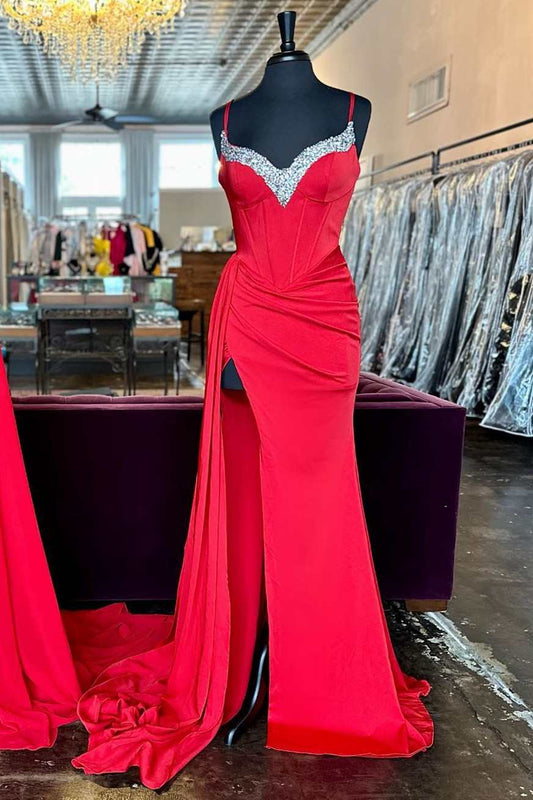  Red Beaded Queen Anne Neck Straps Long Formal Gown with Attached Train - Prom Dress - DYAVOR® 