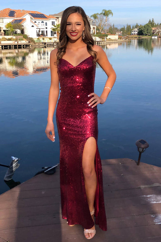  Glittery V-Neck Mermaid Long Burgundy Prom Dress - Prom Dresses - DYAVOR® 