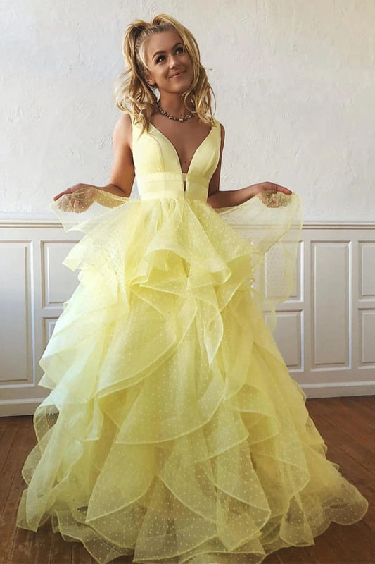  Teagan |A-line V Neck Cascading Ruffles Long Prom Dress - prom dress - DYAVOR® 