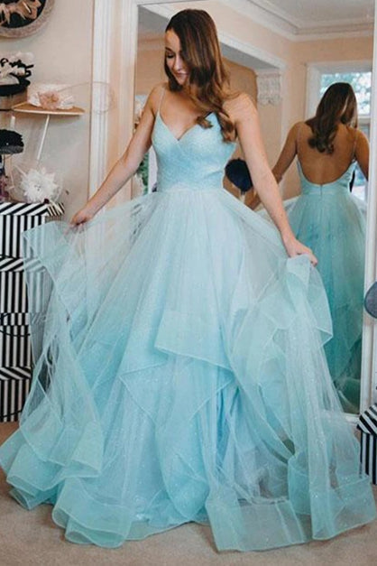  Open Back Glittering Light Blue Long Prom Dress with Ruffles - Prom Dresses - DYAVOR® 