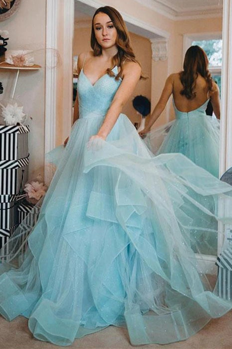  Open Back Glittering Light Blue Long Prom Dress with Ruffles - Prom Dresses - DYAVOR® 