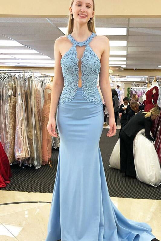  Open Back Mermaid Sky Blue Long Prom Dress - prom dress - DYAVOR® 