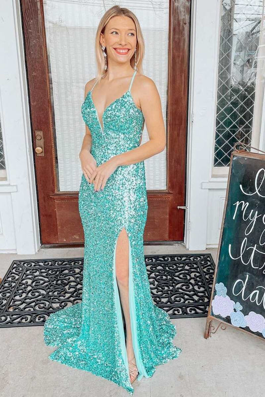  Light Jade Sequin Lace-Up Back Mermaid Long Prom Dress - Prom Dress - DYAVOR® 