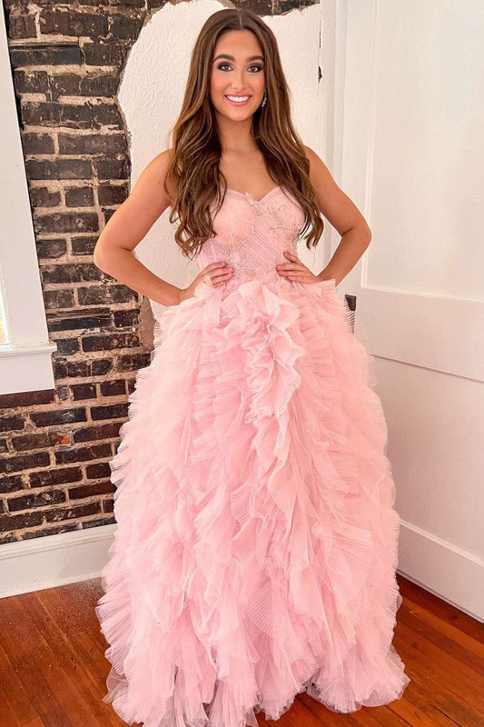  Pink Beaded Strapless Tiered Prom Dress with Ruffles - Prom Dress - DYAVOR® 