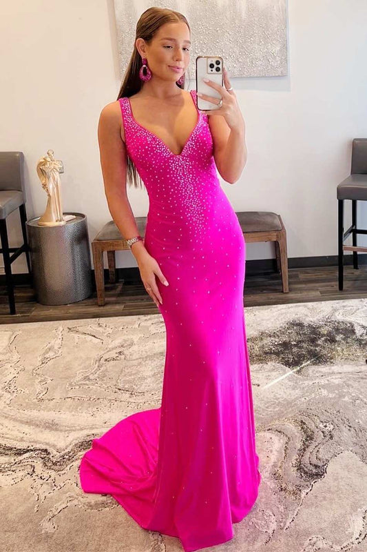  Elle |Mermaid V-Neck Beaded Satin Prom Dress with Cross Back - Prom Dress - DYAVOR® 