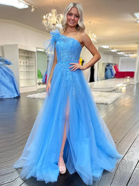  Ximena | Cute A Line One Shoulder Blue Tulle Prom Dress with Appliques - Prom Dress - DYAVOR® 