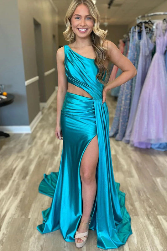  Shannon | Charming Mermaid One Shoulder Satin Prom Dresses with Slit - Prom Dress - DYAVOR® 