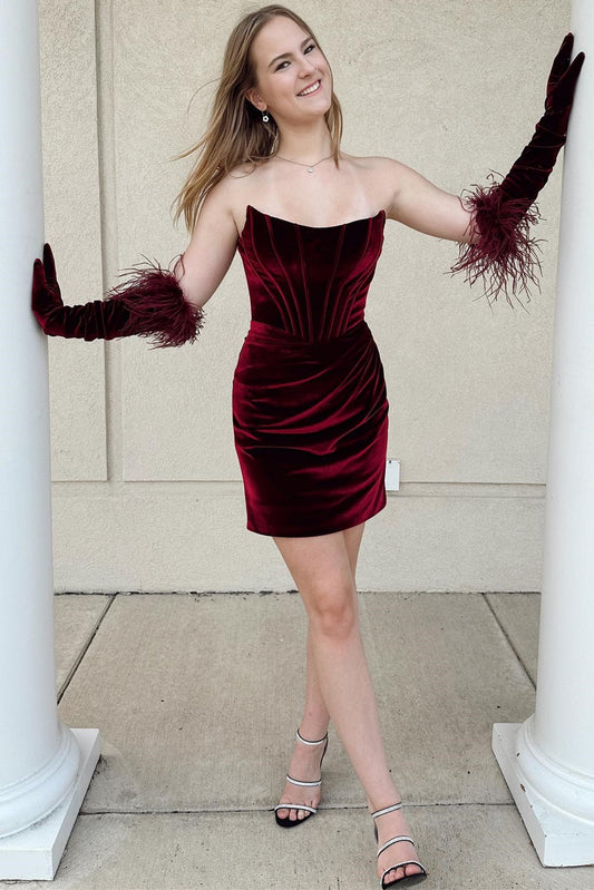  Virginia | Wine Red Velvet Strapless Bodycon Short Homecoming Dress - Prom Dress - DYAVOR® 