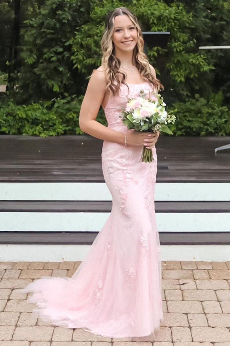  Pink Straps Mermaid Long Prom Dress with Appliques - Prom Dresses - DYAVOR® 