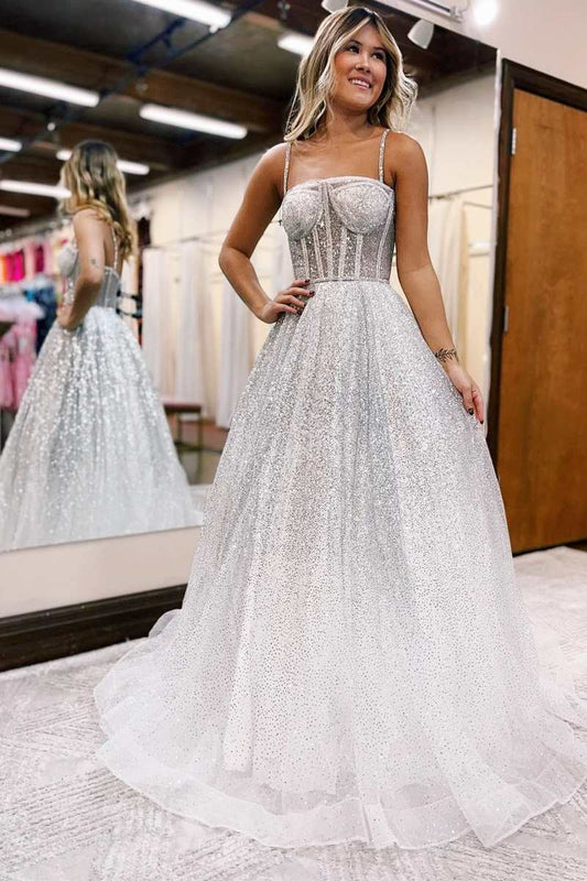  Magdalena | Silver Ombre Sequins Princess Straps A-Line Prom Gown - Prom Dress - DYAVOR® 