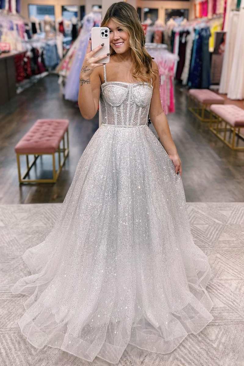  Magdalena | Silver Ombre Sequins Princess Straps A-Line Prom Gown - Prom Dress - DYAVOR® 