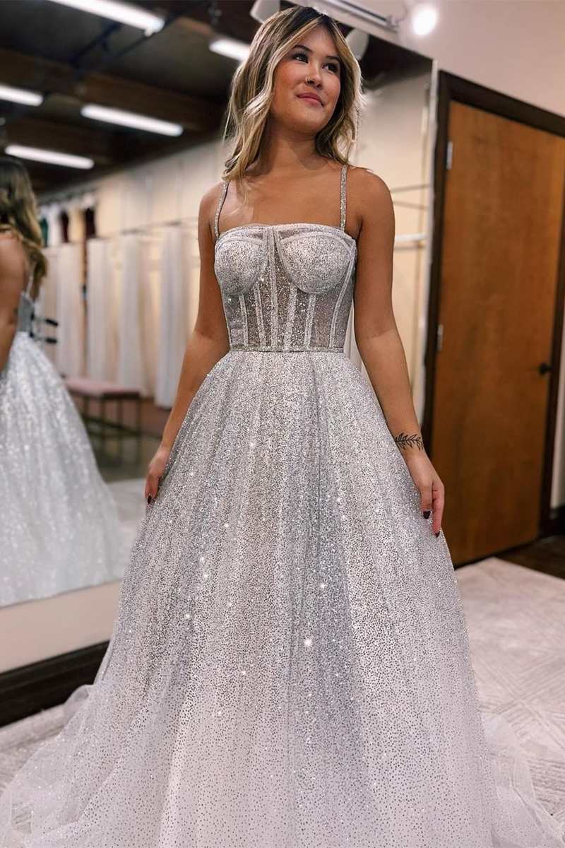  Magdalena | Silver Ombre Sequins Princess Straps A-Line Prom Gown - Prom Dress - DYAVOR® 