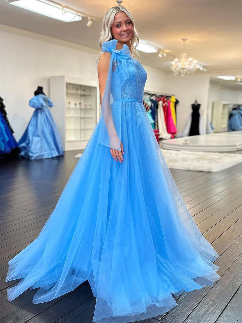  Ximena | Cute A Line One Shoulder Blue Tulle Prom Dress with Appliques - Prom Dress - DYAVOR® 