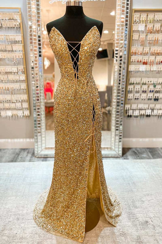  Gold Sequin Strapless Lace-Up Front Long Prom Dress with Slit - Prom Dress - DYAVOR® 